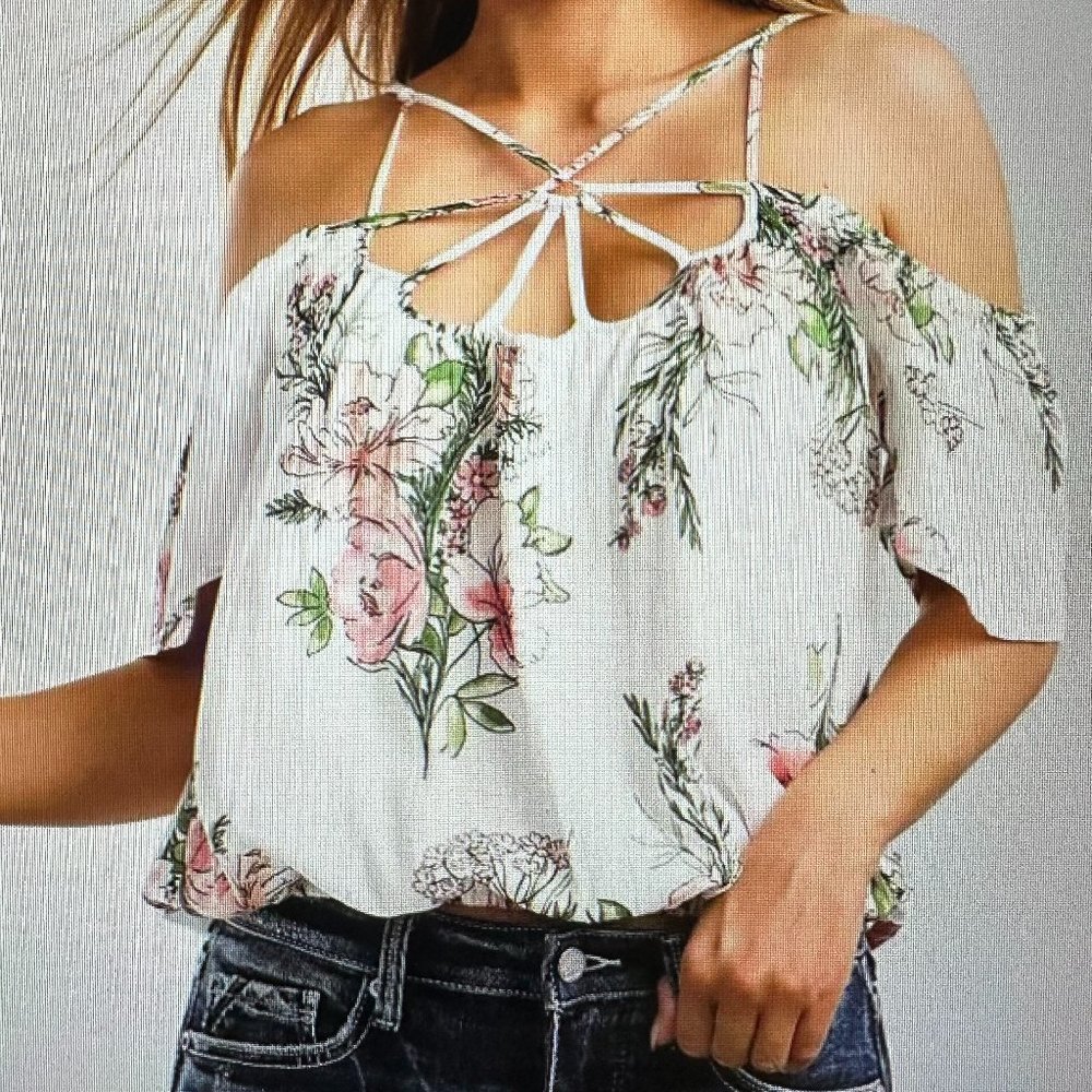Strappy Floral Cold Shoulder Top